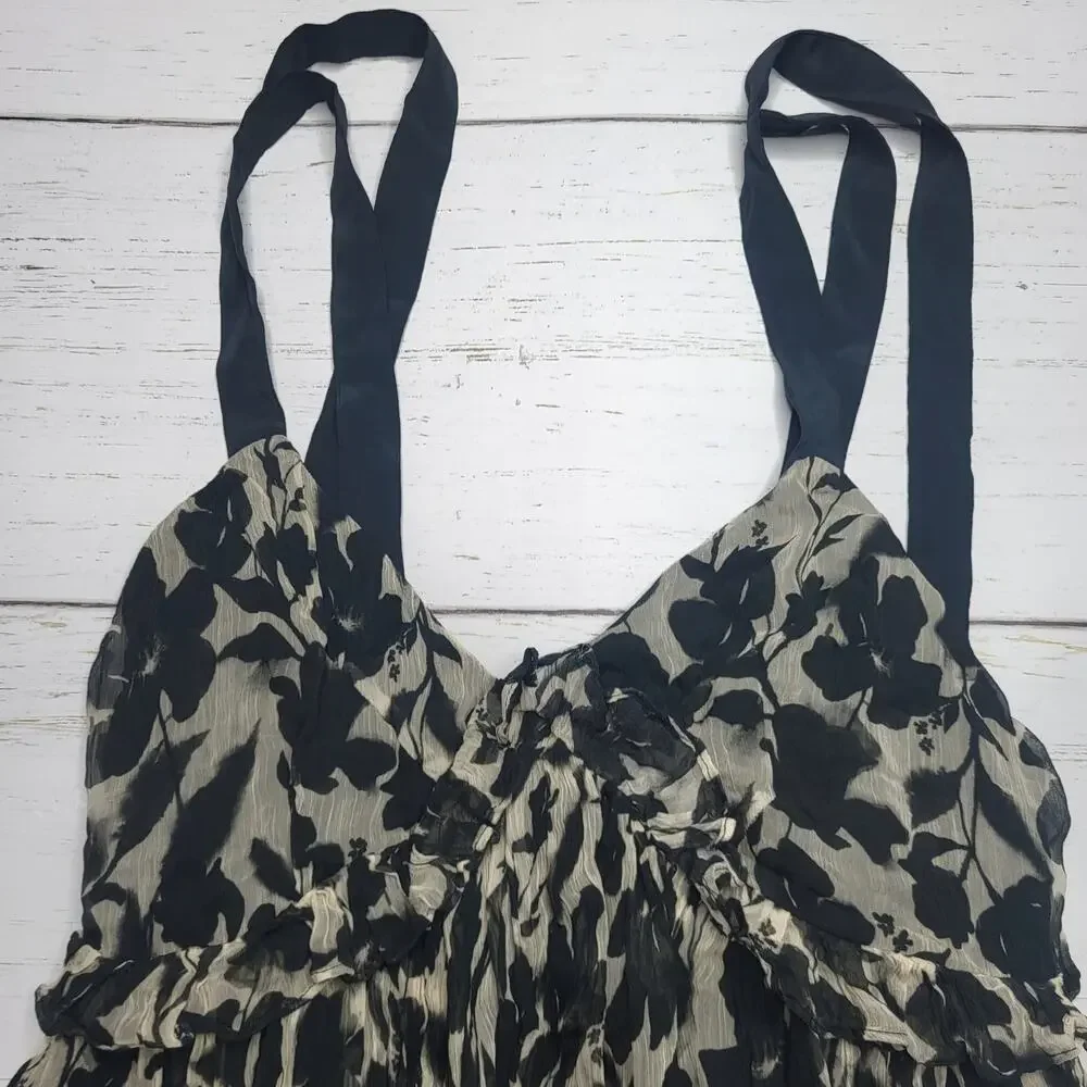 J Crew Collection Ruffle Trim Chiffon Midi Dress Black Tan V Neck Straps Small 4